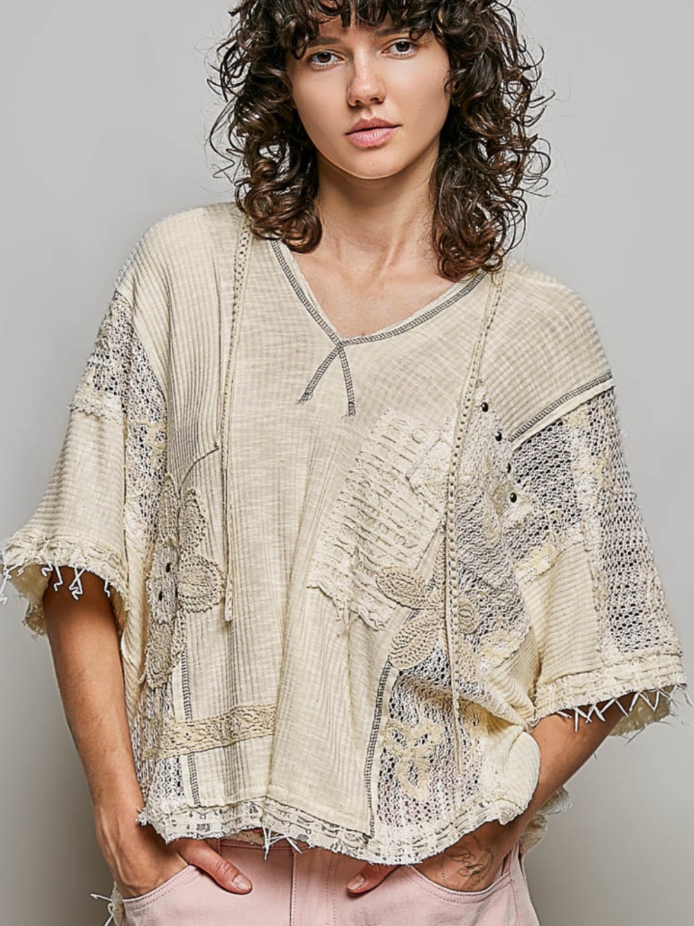 #1080 POL HOODED Ribbed Knit and Lace Top with Mixed Patches